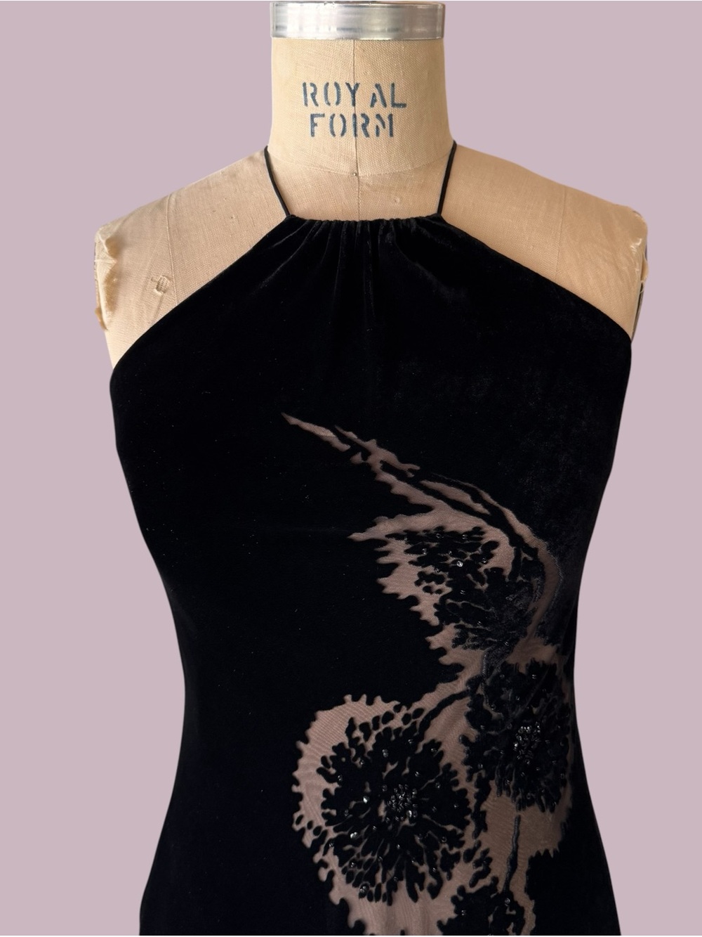 Vintage 90s Laundry by Shelli Segal Silk Velvet Burnout Beaded Maxi Dress - Picture 2 of 9